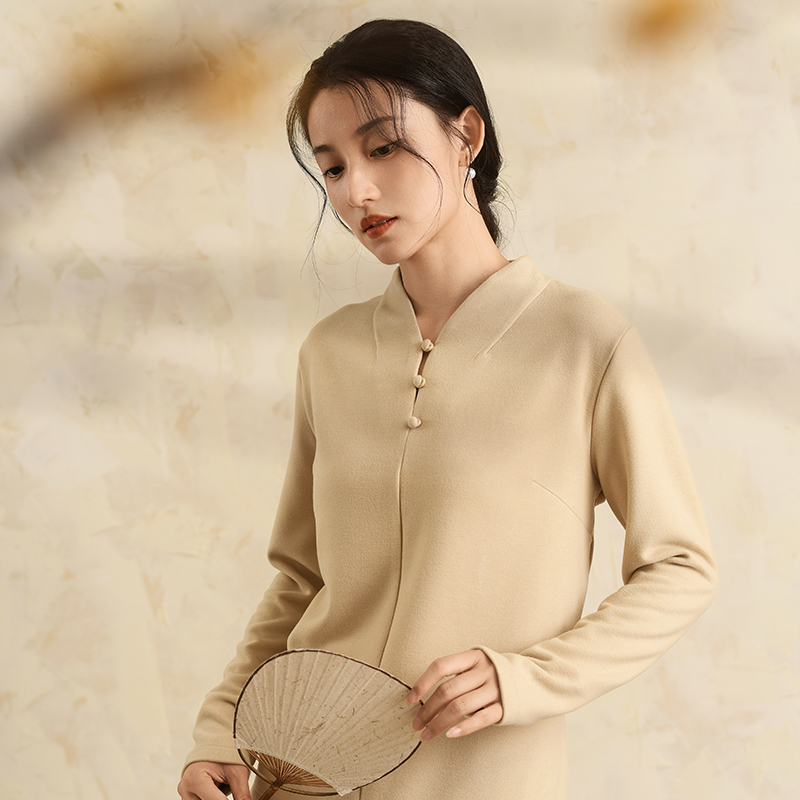 秋冬新中式复古盘扣v领羊毛德绒长袖打底衫女外穿保暖内搭上衣