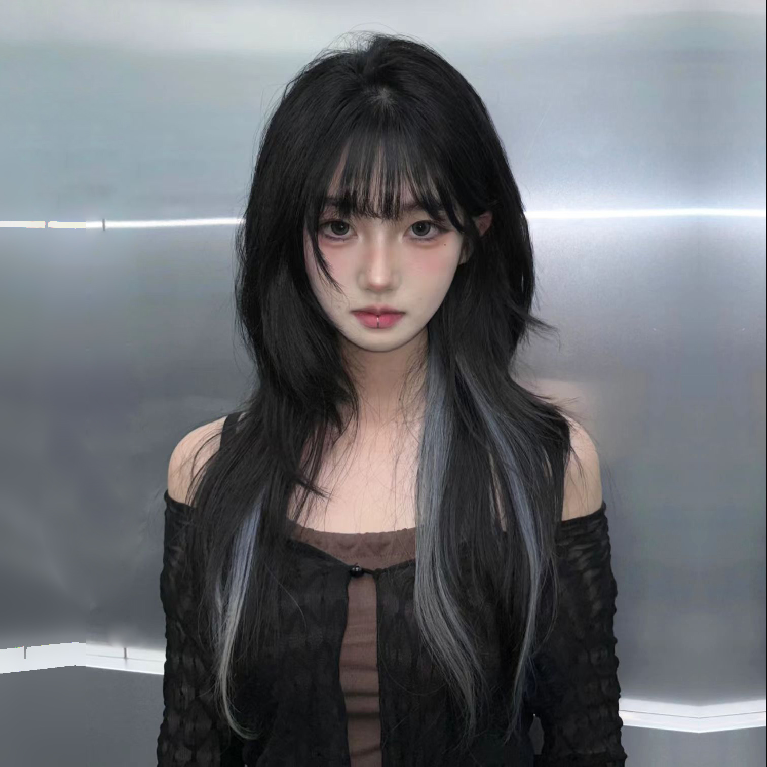 黑白假发女全头套黑灰挑染长直发