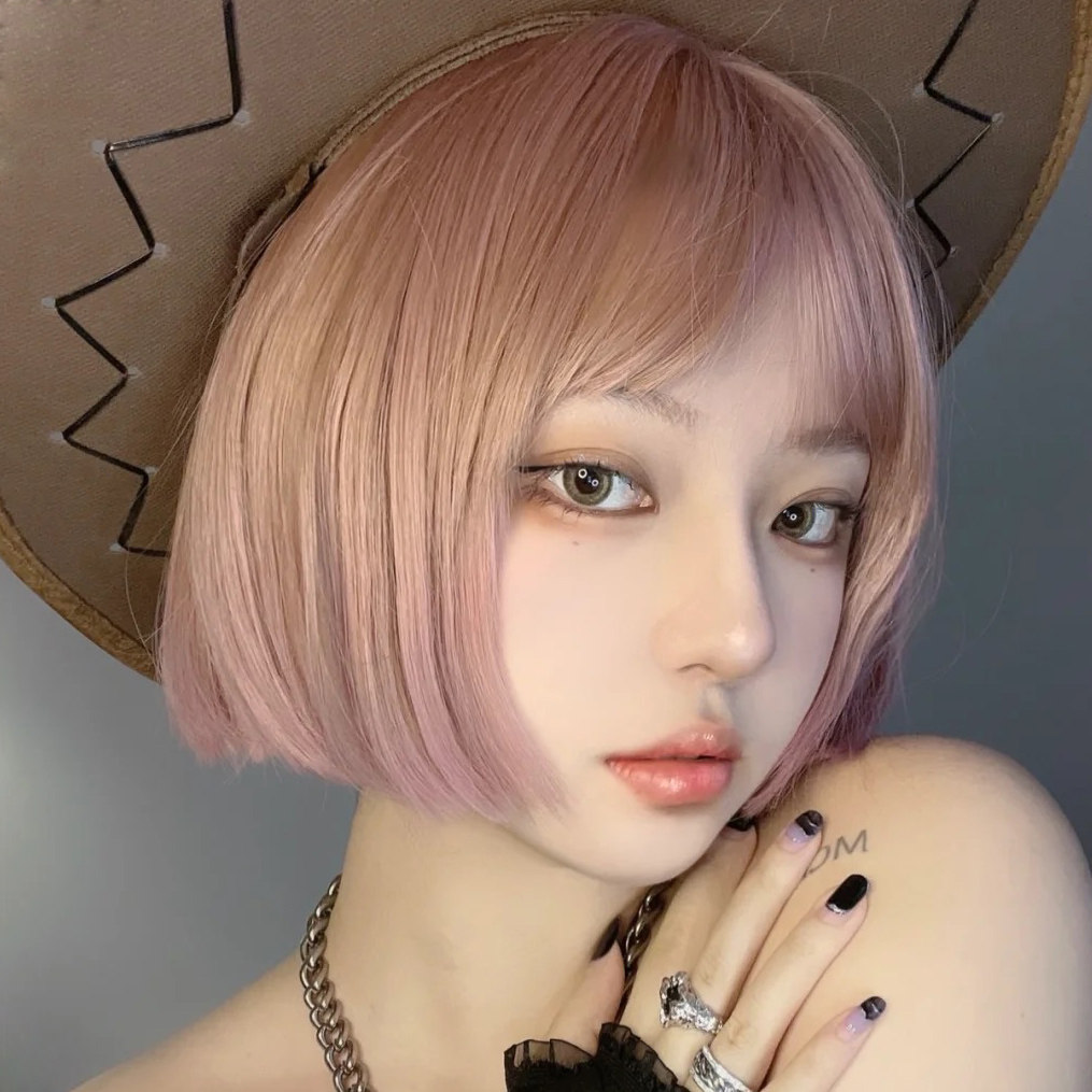 一刀切假发短发粉色波波头女全头套薄藤粉渐变短直发网红bobo头发