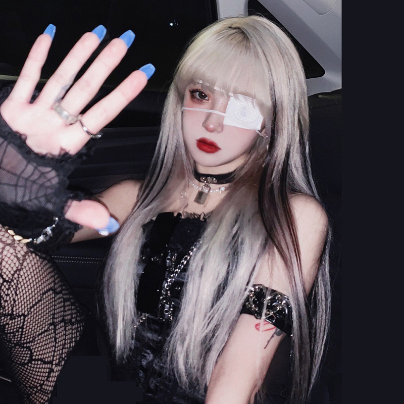 水舞假发女长发网红同款发色发型彩色潮酷白金挑染黑色长直发套式