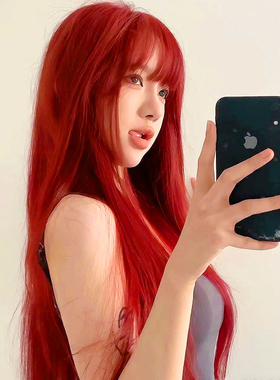 海王红色假发全头套女长发lolita女整顶辣妹jk彩色一刀切长直发型