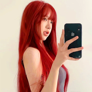 海王红色假发全头套女长发lolita女整顶辣妹jk彩色一刀切长直发型