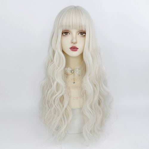 白金色羊毛卷齐刘海长卷发假发