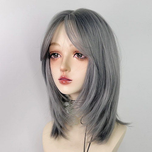 狼尾鲻鱼头短发灰蓝色假发全头套