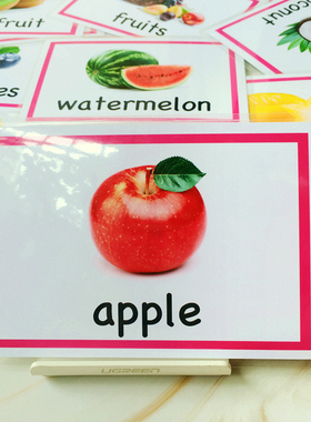 英语卡片塑封防水闪卡实物水果图28张儿童英文单词卡认知教具彩图