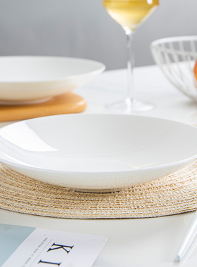 景德镇骨瓷纯白陶瓷菜盘创意家用餐具简约中式菜碟圆形碟子深盘子