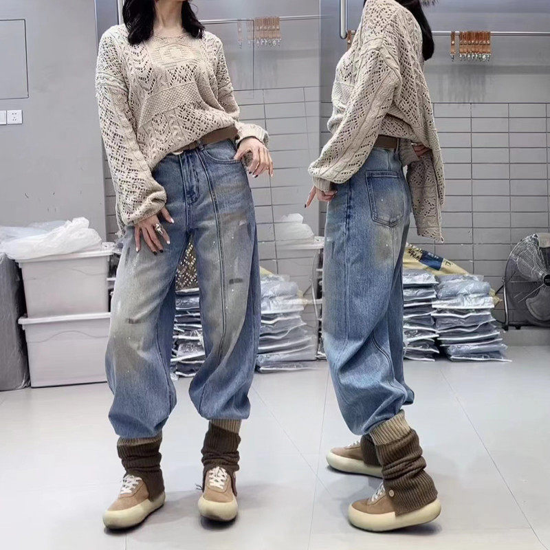 2026欧货新款复古做旧弯刀阔腿牛仔脏脏裤女高腰显瘦宽松休闲长裤,女装/女士精品,牛仔裤,淘宝优惠券,粉丝福利购,淘宝优惠卷