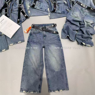 女高腰显瘦裤 复古做旧八九分阔腿牛仔裤 脚磨破潮 欧货新款 2026春季