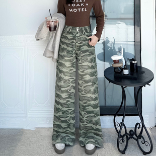 迷彩牛仔裤 女高街嘻哈迷彩工装 美式 阔腿裤 子 裤 小个宽松显瘦阔脚裤