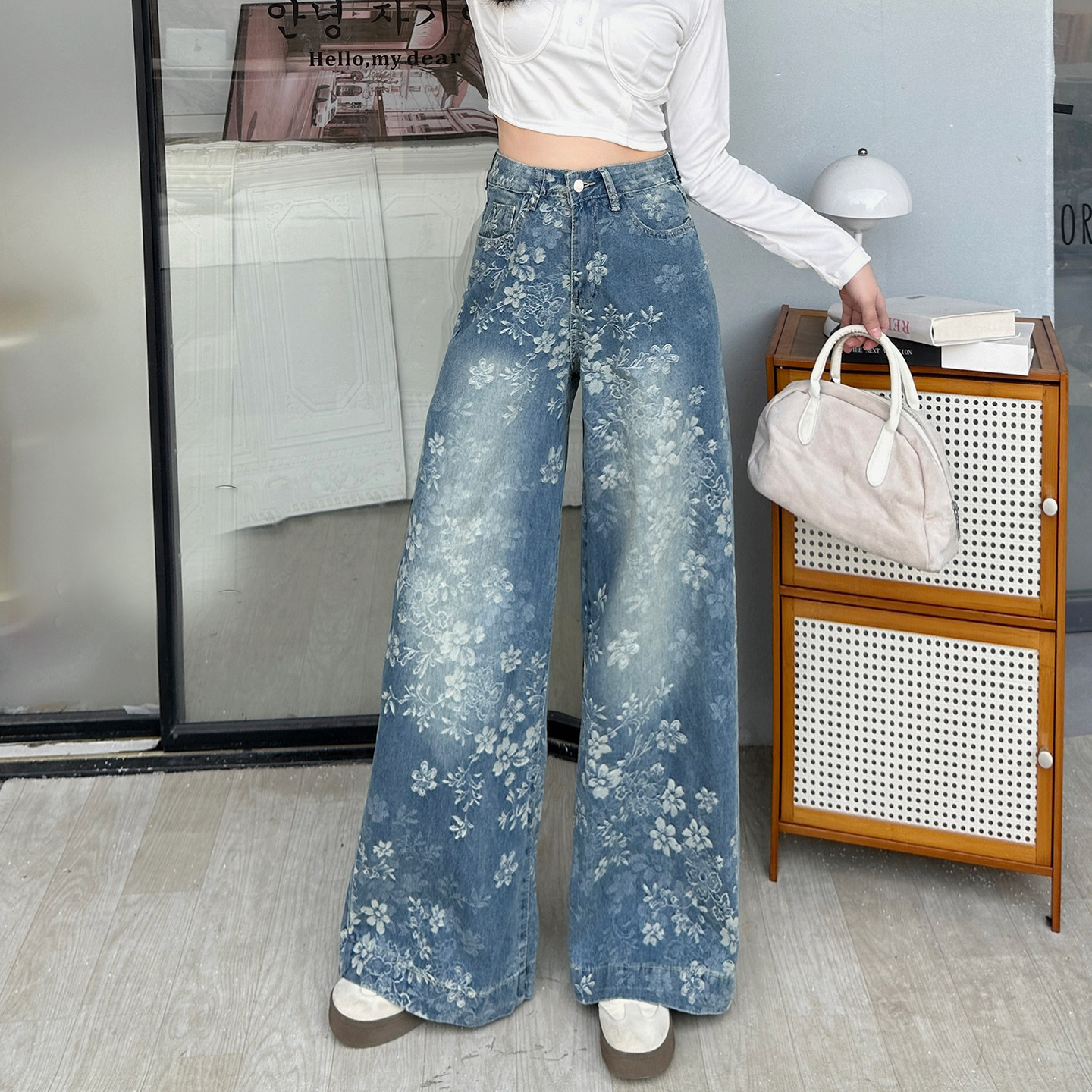 2026美式复古刺绣提花牛仔阔腿裤女宽松大码显瘦小众设计感阔脚裤