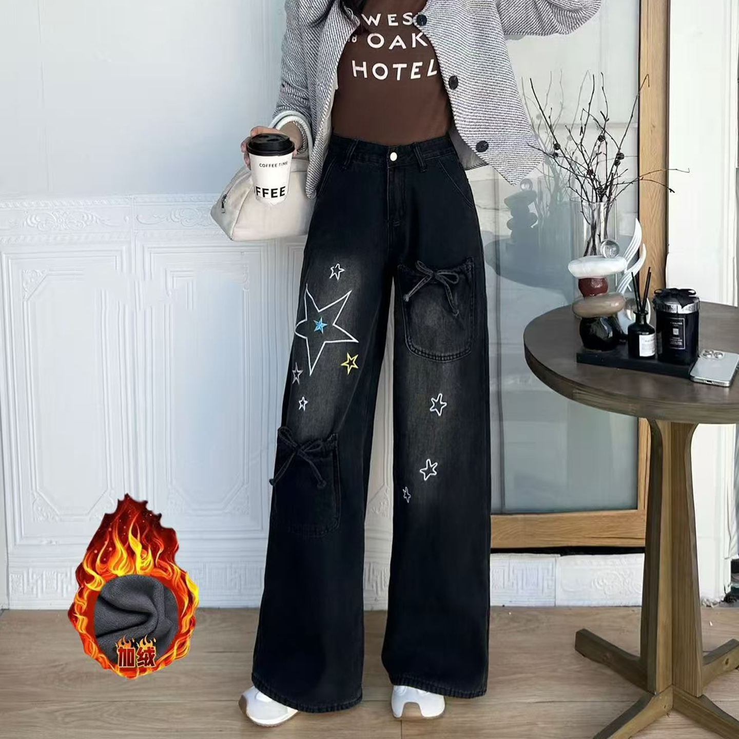 冬装加厚加绒五角星阔腿牛仔裤女高腰宽松休闲学院风刺绣阔脚裤潮