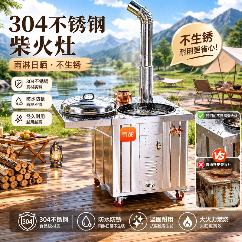 304不锈钢双侧板柴火灶厨