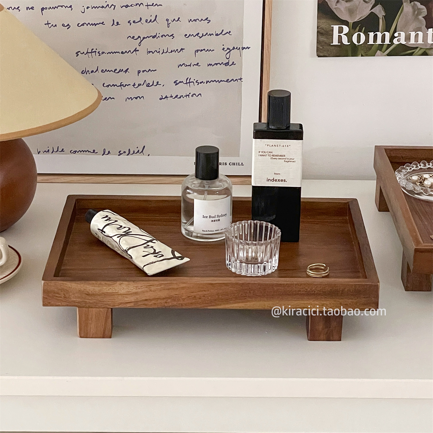 复古长方形胡桃木高脚收纳盘