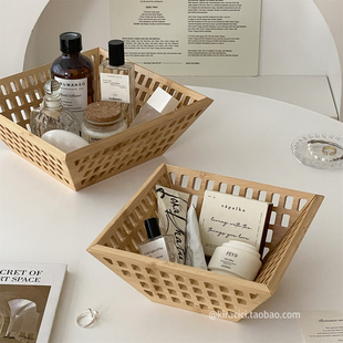 镂空竹木收纳筐桌面护肤品香水香薰杂物整理置物篮木质收纳盒 日式