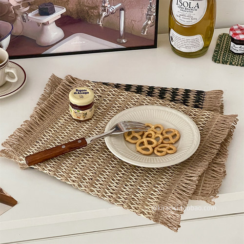 复古田园风黄麻编织流苏餐垫