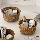 手工编织圆形收纳篮桌面化妆品护肤品草编收纳筐杂物整理置物篮子
