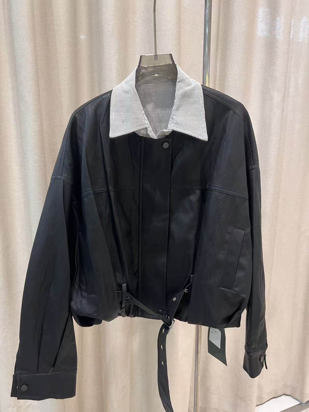 玙菲设计感小众假两件翻领腰带拼接PU皮衣女外套酷飒机车风春装