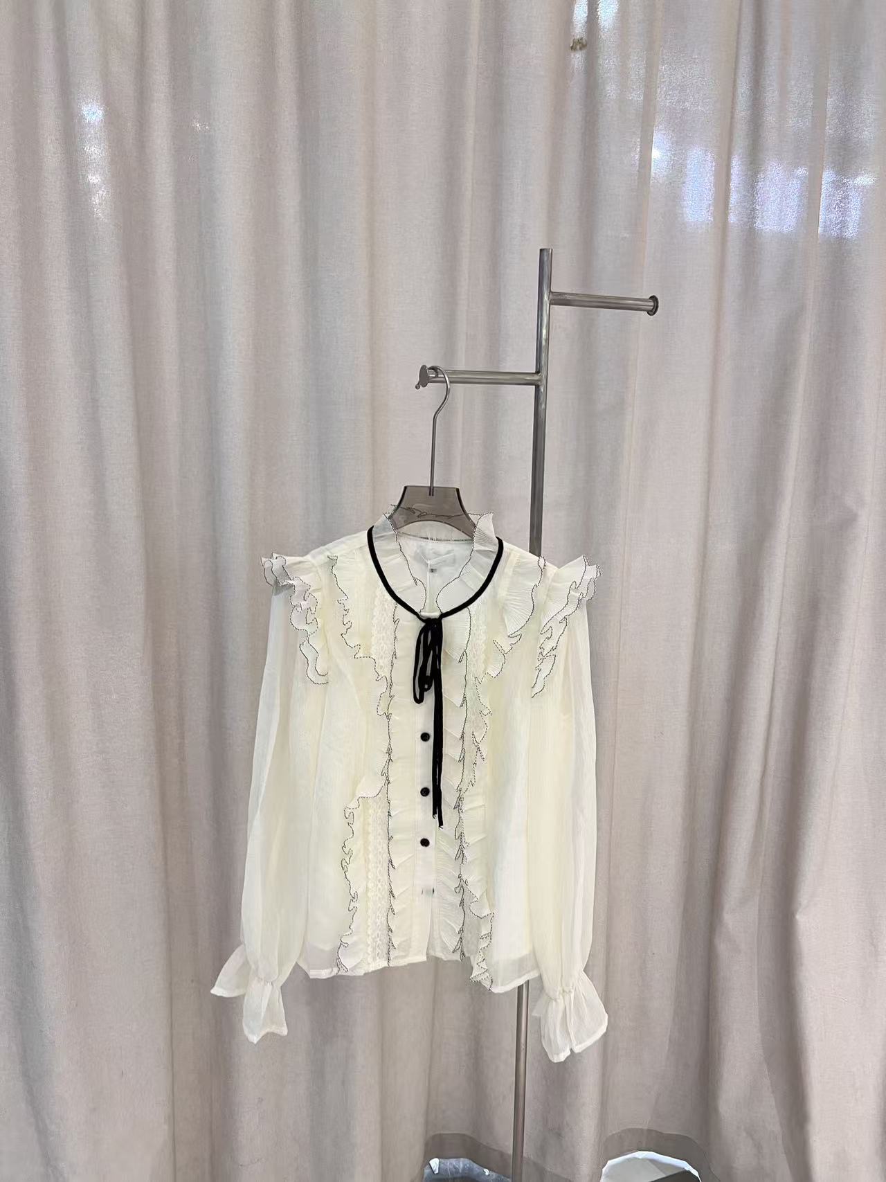 2026夏季新款法式气质蝴蝶结系带荷叶边洋气衬衫女韩版别致雪纺衫