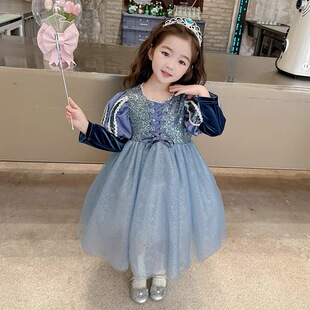 女童艾莎公主裙春秋新款 3岁宝宝爱沙连衣裙冬加绒5儿童生日礼服裙