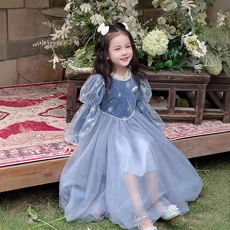 女童春秋装艾莎公主裙新款洋气爱沙冰雪奇缘长款网纱生日蓬蓬裙子