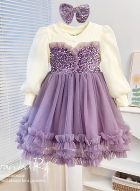 3-10岁女童连衣裙洋气春秋季新款小女孩冬款加绒公主裙生日礼服裙