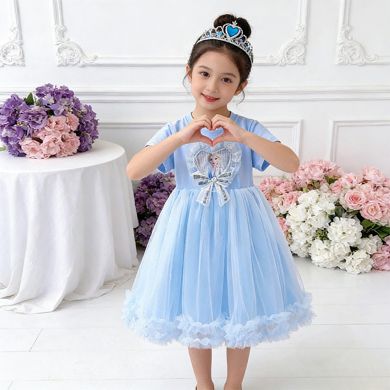 3岁女童夏装爱莎公主裙新款洋气蓬蓬裙4生日礼服中长纱纱连衣裙子