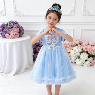 3岁女童夏装爱莎公主裙新款洋气蓬蓬裙4生日礼服中长纱纱连衣裙子