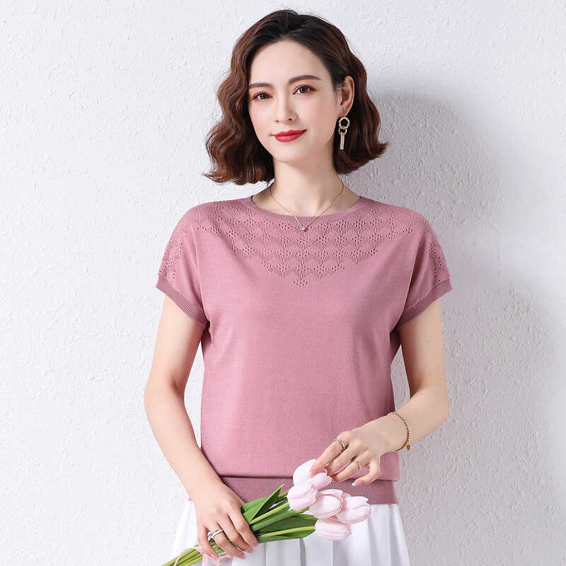 中年妈妈夏装冰丝短袖t恤女宽松大码上衣2024年薄款镂空针织小衫