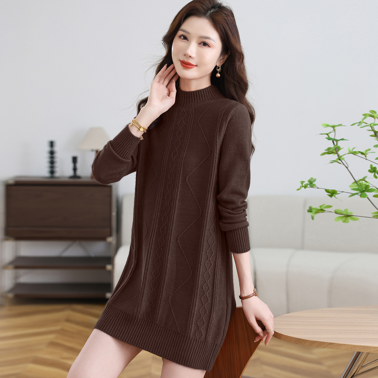 2025半高领针织衫女宽松毛衣中年妈妈中长款羊毛秋冬加厚打底上衣