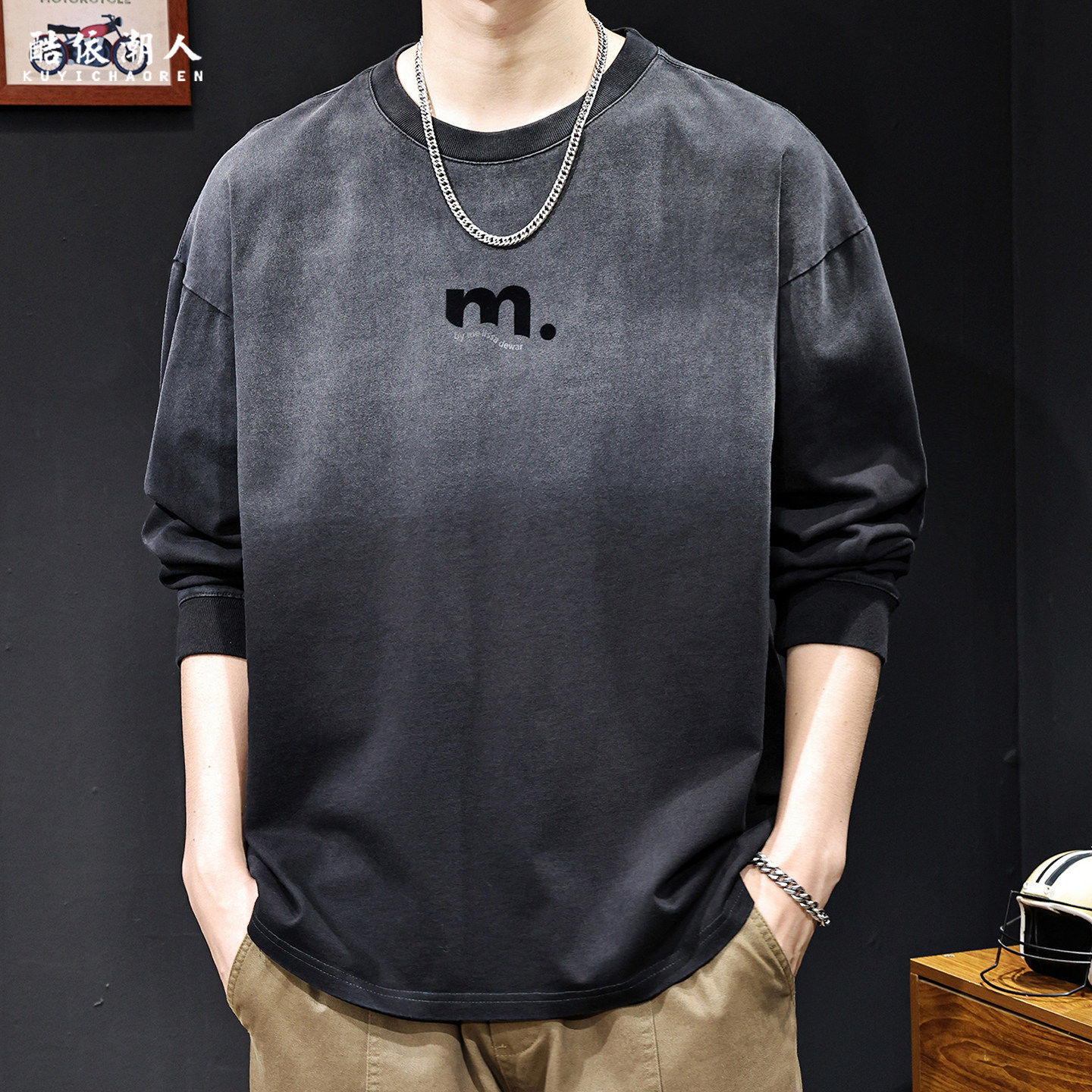 美式潮牌怀旧渐变纯棉长袖T恤男长袖2026新款春秋季宽松大码高端