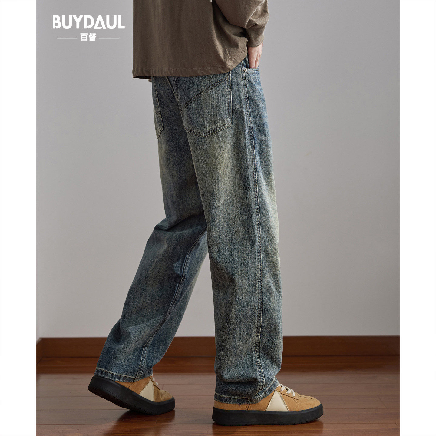 秋冬季加绒加厚牛仔裤男士宽松直筒休闲复古水洗做旧阔腿垂感长裤