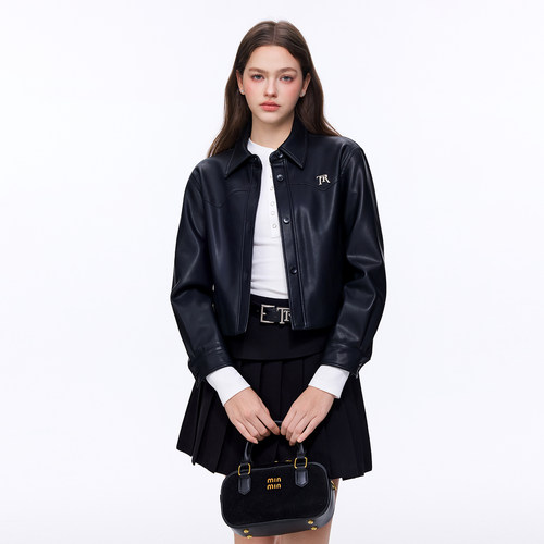 TRTMAO 2026简约金属贴标高级感黑色PU皮衣外套女春秋新款夹克