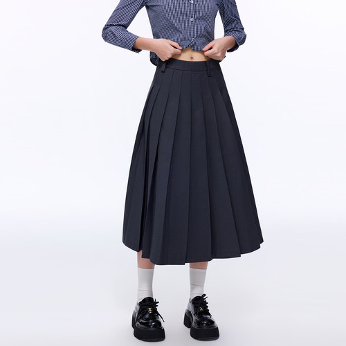 TRTMAO原创刺绣百搭中长款百褶裙2026新款女简约显瘦裙子