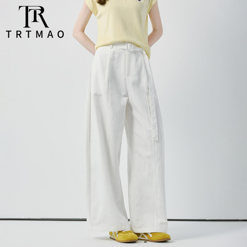 TRTMAO原创慵懒风白色高腰阔腿裤女是夏季宽松垂感显瘦百搭休闲裤