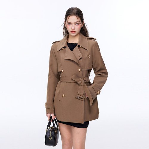 TRTMAO原创金属贴标卡其色收腰显瘦中长款风衣2026新款女开衫外套