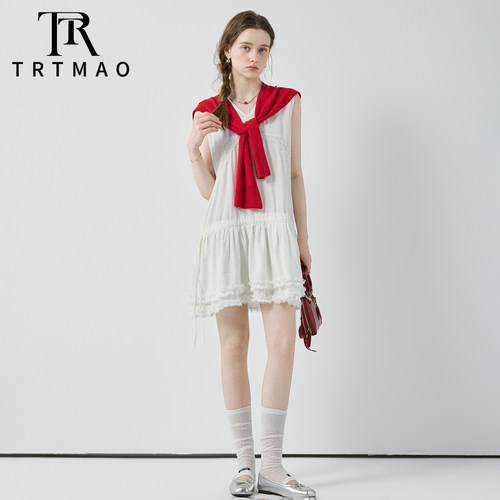 TRTMAO原创法式白色V领无袖蕾丝连衣裙女荷叶边显瘦背心裙简约风