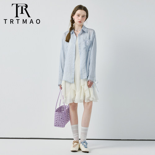 TRTMAO原创简约风蓝色格纹衬衫女长袖翻领系带防晒衫百搭通勤上衣