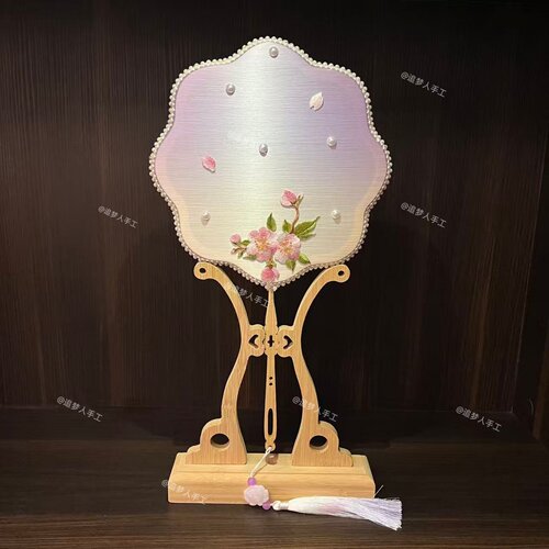 刺绣桃花蚕丝扇diy材料木制团扇架框骨架清新文艺渐变色蚕丝扇子