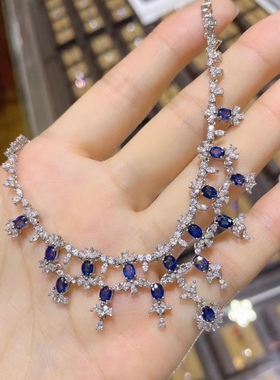天然斯里兰卡蓝宝石项链女款925银豪华大气时尚潮流搭配