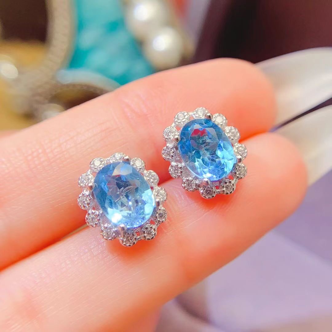 天空蓝托帕石耳钉女925豪华大耳环