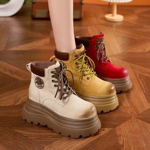 真皮面松糕厚底马丁靴女2025新款 小个子隐形内增高短靴女9cm 秋季