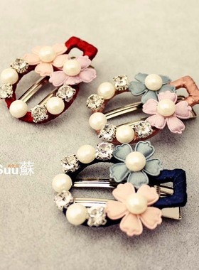 suu蘇 流行花朵发饰手工头饰时尚珍珠发卡女韩版发夹精品水钻头花