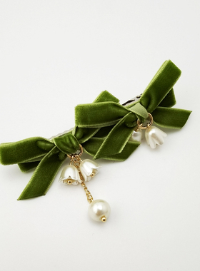 甜美铃兰花发夹珍珠蝴蝶结发卡超仙刘海夹流苏吊坠边夹绿色发饰品