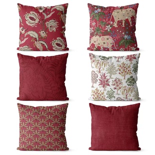 美式复古风红色喜庆印花靠垫棉麻双面抱枕套沙发床头大靠枕长腰枕