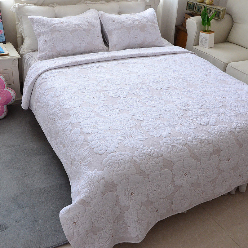 外贸绣花白色纯棉衍缝被美式床盖三件套全棉绗缝被空调被夹棉床单