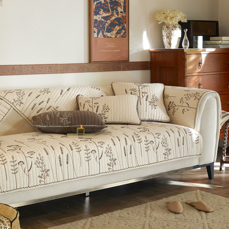 田园绣花棉麻纯棉沙发垫四季通用防滑夹棉绗缝垫沙发巾飘窗垫坐垫,居家布艺,沙发垫,淘宝优惠券,粉丝福利购,淘宝优惠卷