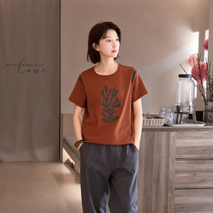 夏季 宽松正肩显瘦圆领纯棉短袖 女休闲桔红色拼色纯棉上衣橙色时尚