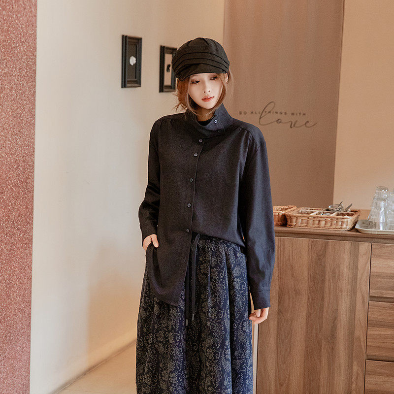 秋冬女新款立领中长款时尚宽松长袖藏蓝色百搭衬衣女显瘦内搭外穿