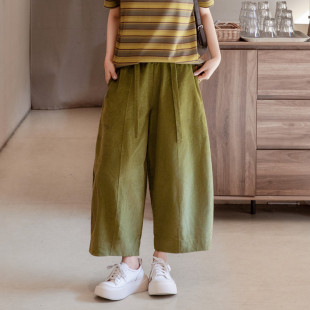 阔腿裤 春季 女山本裤 女纯棉灯芯绒细条松紧腰宽松果绿色8分裤 新款