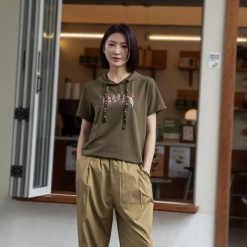 连帽薄款印花纯棉女甜酷短袖
